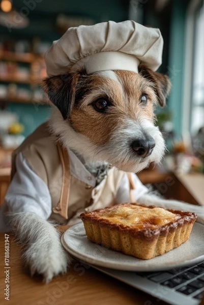 Obraz Humorous concept of dog chef using laptop and baking pie in cozy home kitchen, blending pet lifestyle with culinary creativity and digital trends