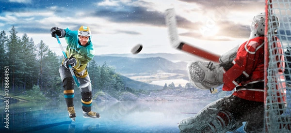 Obraz Hockey players in action on the ice. Outdoor game. Sports. Hockey match. A large hockey rink in the middle of an forest. Hockey concept. Panorama