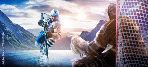 Obraz Hockey players in action on the ice. Outdoor game. Sports. Hockey match. A large hockey rink in the middle of an forest. Hockey concept. Panorama