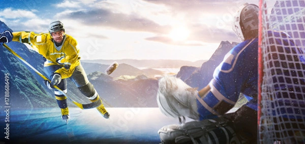 Obraz Hockey players in action on the ice. Outdoor game. Sports. Hockey match. A large hockey rink in the middle of an forest. Hockey concept. Panorama