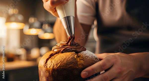 Fototapeta Artisan baker adding chocolate filling — detailed process of gourmet panettone.