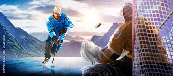 Obraz Hockey players in action on the ice. Outdoor game. Sports. Hockey match. A large hockey rink in the middle of an forest. Hockey concept. Panorama