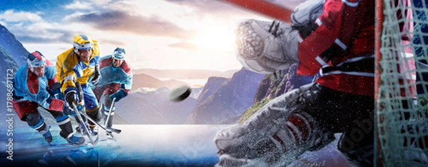 Obraz Hockey players in action on the ice. Outdoor game. Sports. Hockey match. A large hockey rink in the middle of an forest. Hockey concept. Panorama