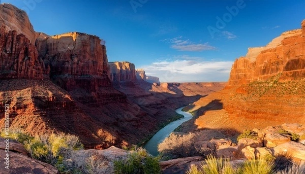 Fototapeta a dramatic canyon with towering red rock cliffs a winding river carving through the rugged terrain golden sunlight highlighting the deep textures vast open sky above