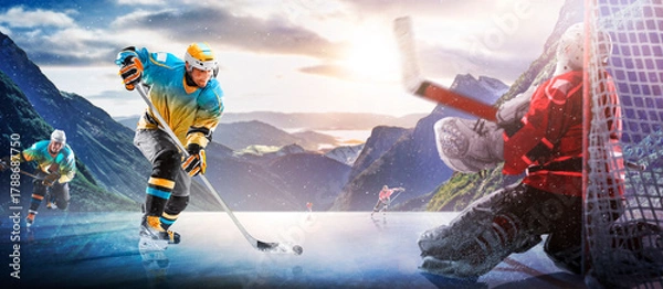 Obraz Hockey players in action on the ice. Outdoor game. Sports. Hockey match. A large hockey rink in the middle of an forest. Hockey concept. Panorama