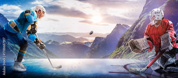 Obraz Hockey players in action on the ice. Outdoor game. Sports. Hockey match. A large hockey rink in the middle of an forest. Hockey concept. Panorama