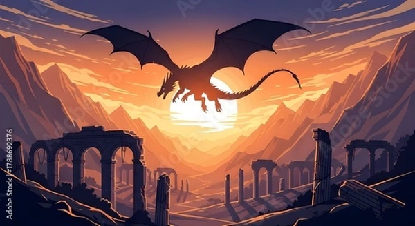 Obraz Epic Dragon Silhouette Flying Over Ancient Temple Ruins in a Mountain Valley at Sunset or Sunrise Landscape