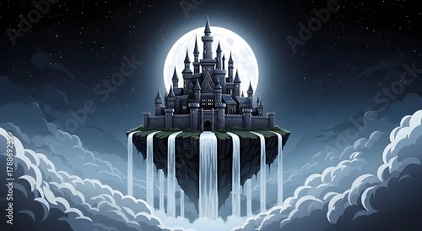 Obraz Dark Medieval Castle Floating on an Island Above Clouds with Waterfalls Against a Full Moon and Starry Night Sky