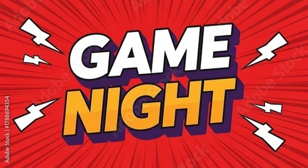 Obraz A vibrant and dynamic comic book style illustration showcases the words game night in bold lettering with radiating lines