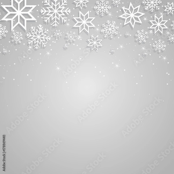 Fototapeta Vector illustration abstract Christmas Background with volumetric snowflakes. Winter paper art design. White 3D snowflakes with shadow. Xmas and new year background with shining stars