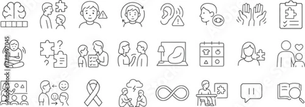 Fototapeta autism, puzzle, brain, ear, hearing, child, parent, family, support, awareness, ribbon, communication, social, understanding, emotions, calendar, checklist, therapy, connection, help, mental health, l