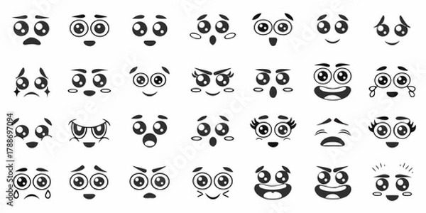 Fototapeta Collection of diverse cartoon faces expressing various emotions and feelings with black and white illustrations
