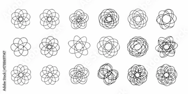 Fototapeta Collection of abstract geometric floral and orbital patterns in black line art on white background