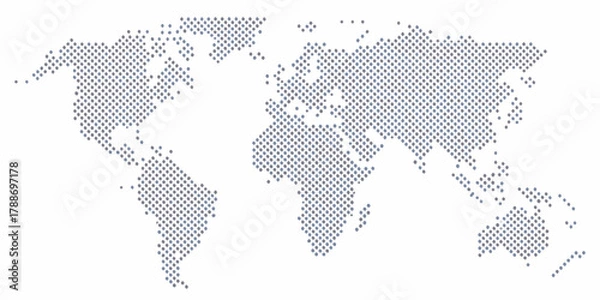 Fototapeta Abstract world map composed of small dots in a pixelated digital style on a white background