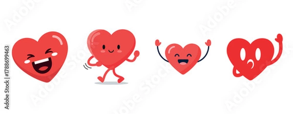Fototapeta Cheerful cartoon hearts with smiling faces and playful expressions
