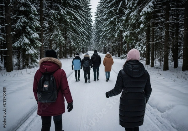 Obraz Promenade en forêt enneigée - Vacances à la montagne