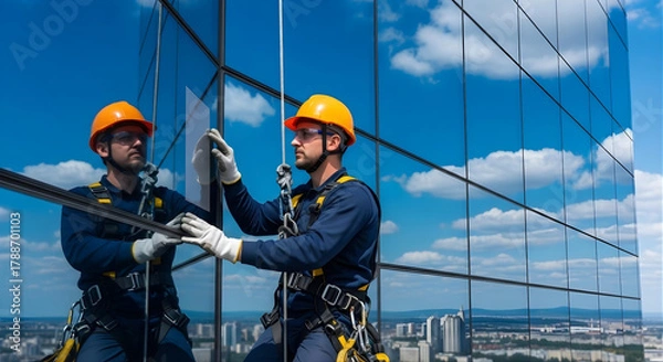 Obraz Industrial climbers in safety gear washing the glass windows of a modern skyscraper facade