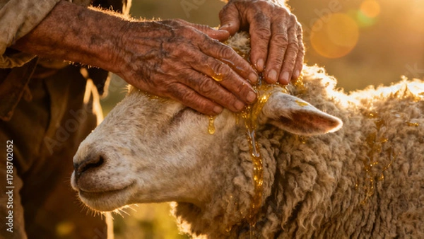 Fototapeta Shepherd's Gentle Care: A shepherd's weathered hands tenderly caress the head of a sheep, illuminating the compassion and gentle connection between them. A warm, golden light bathes the scene.