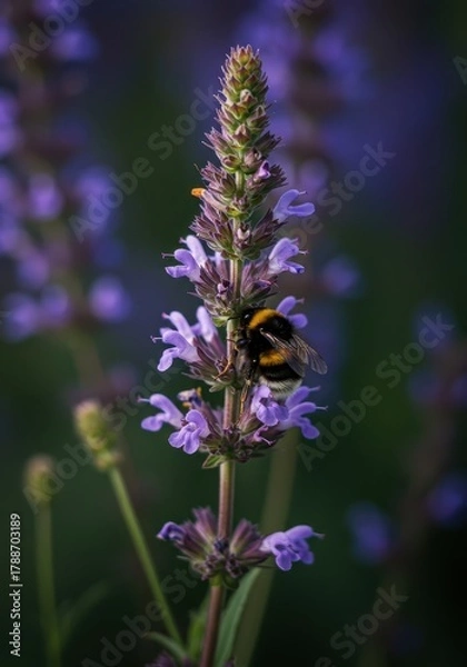 Fototapeta A fuzzy bumblebee is busy pollinating a vibrant purple flower in a sunny garden setting, with ample negative space for text overlays ,depth of field, plant, closeup