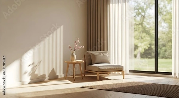 Obraz Scandinavian minimal interior with wooden furniture and warm daylight