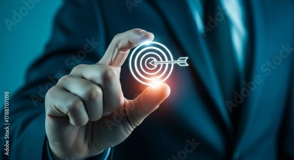 Fototapeta A man's hand holds a glowing target icon, symbolizing focus and success in business and personal goals.