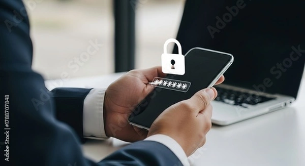 Fototapeta A businessman securing his smartphone with a password lock in a professional setting.