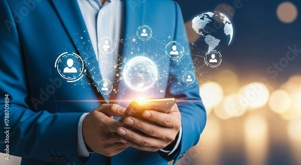 Obraz A man in a blue suit interacts with a smartphone, surrounded by digital icons representing global connectivity.