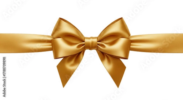 Fototapeta A realistic golden satin gift bow with a ribbon tied in a perfect knot for wrapping presents and festive decorations. Ideal for holidays. Isolated on transparent background, png