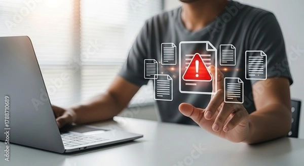 Fototapeta A young South Asian man interacting with digital warning icons, indicating a notification while using a laptop at a modern workspace.