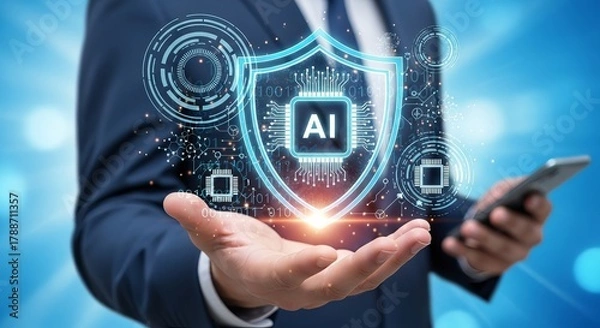 Obraz A business professional holding a smartphone with a glowing AI shield symbol, representing data security and technology.
