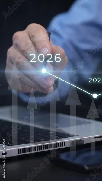 Fototapeta Virtual touchscreen with rising 2026 business graph. Vertical 9:16 video