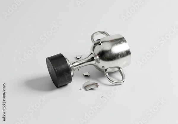 Fototapeta A generic silver trophy, broken and discarded, lying flat on a pristine white surface, symbolizing failure and defeat, error, unsuccessful, broken dreams