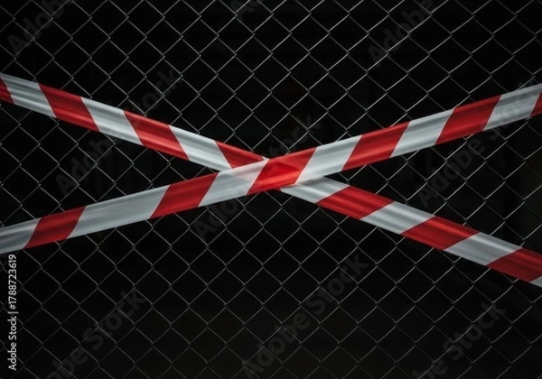 Fototapeta Red and white barrier tape crosses a metal chain link fence indicating no trespassing and denial of access to a sensitive area, warning, closure, absolute