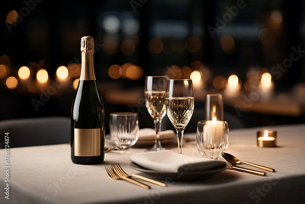 Obraz fine dining ambiance, extravagant dining table champagne, crystal glasses, golden cutlery, candlelit ambiance, warm hues