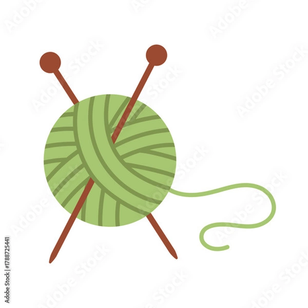 Fototapeta Ball of yarn with knitting needles illustration representing handmade crafts, cozy autumn vibes and creative hobby. For fall design themes. Simple flat vector. Hand drawn. Isolated background.