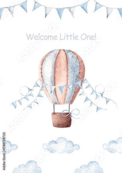 Obraz Cute baby shower boy announcement card template with hot air balloon, blue bunting flags and clouds. Hand drawn design for newborn greeting or gender reveal party.