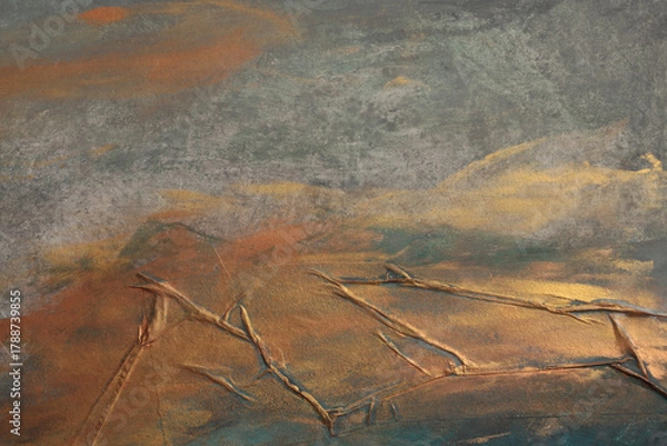 Obraz Art Oil, Acrylic brush stroke smear blot landscape painting wall. Abstract grain grunge dirty relief texture gold, bronze, gray color stain background.