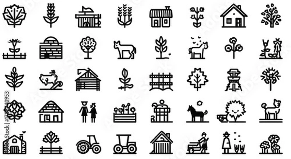 Fototapeta A diverse collection of farm and agriculture line icons.
