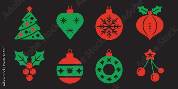 Obraz Retro Christmas Decoration Vector Icons – Traditional Red & Green Xmas Elements Collection
