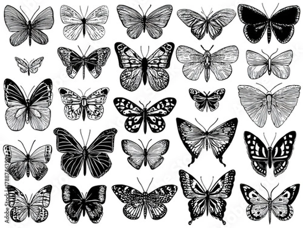 Fototapeta A diverse collection of hand drawn black and white butterfly illustrations.