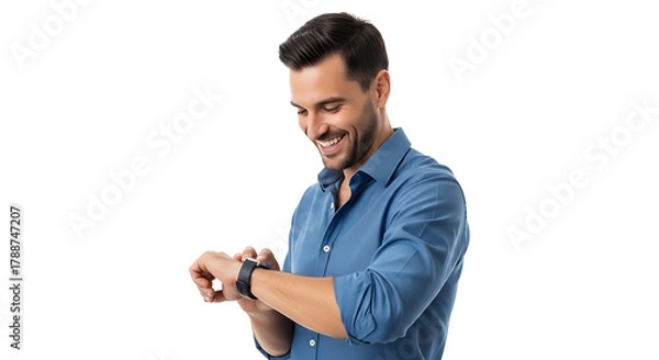 Obraz Handsome man in blue shirt checking his smart watch, smiling and looking at the time with a happy expression