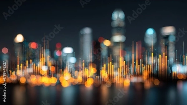 Fototapeta Dynamic financial data visualization overlays a vibrant, bokeh-lit cityscape at night, symbolizing growth and market trends.