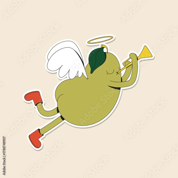 Fototapeta Cute winter illustration of a green pear with wings and halo and snow boots playing the trombone. Fruit with funny face. Angel character. Holiday sticker pack.