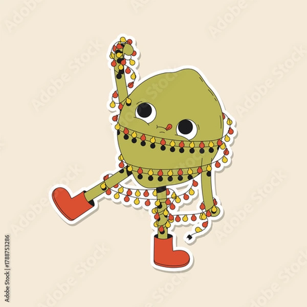 Fototapeta Cute winter illustration of a green lime tangled in the Christmas colourful garland. Fruit with funny face. Holiday sticker pack.