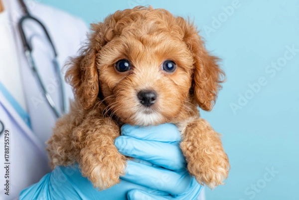 Obraz Veterinarian in uniform holding small puppy