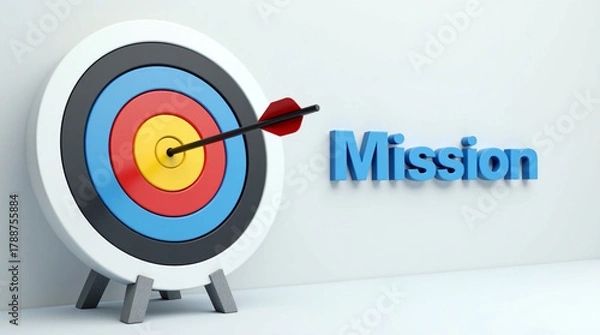 Fototapeta 3D archery target with arrow hitting bullseye and word Mission, symbolizing precision, goal achievement, focus, success, and strategic target visuals
