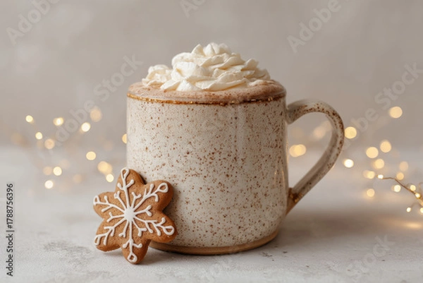 Obraz Cup of hot chocolate topped with whipped cream and cookie in ceramic mug
