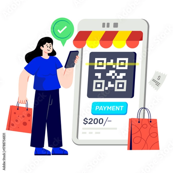 Fototapeta A flat design illustration of qr code payment