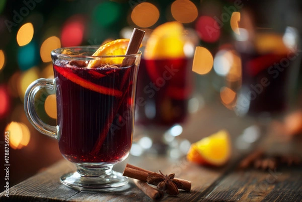 Obraz Glass mugs of hot mulled wine with orange slices and cinnamon sticks
