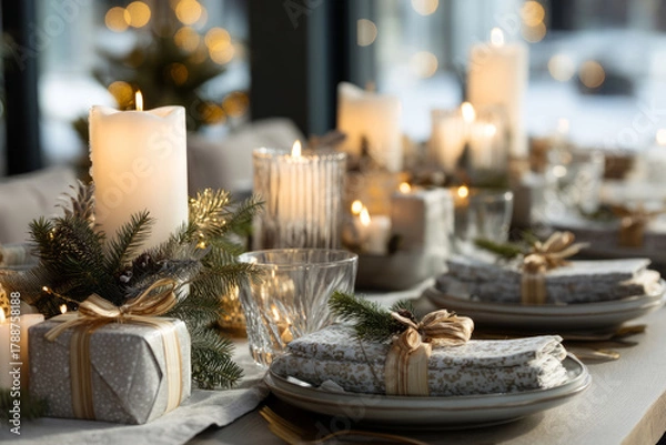 Obraz Christmas dining table with candles, pine branches, and wrapped gift boxes